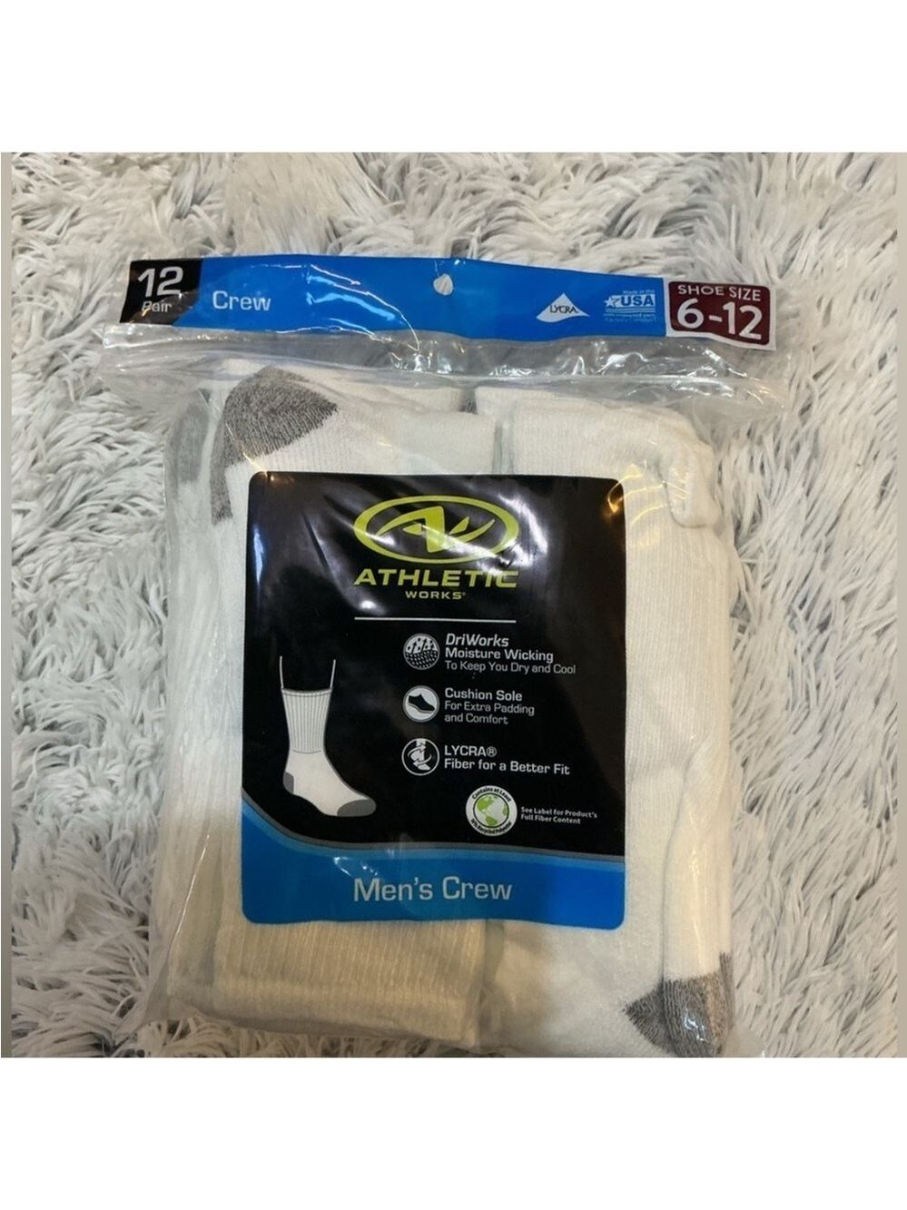 Athletic Works Men’s white crew socks shoe size 6-12 New